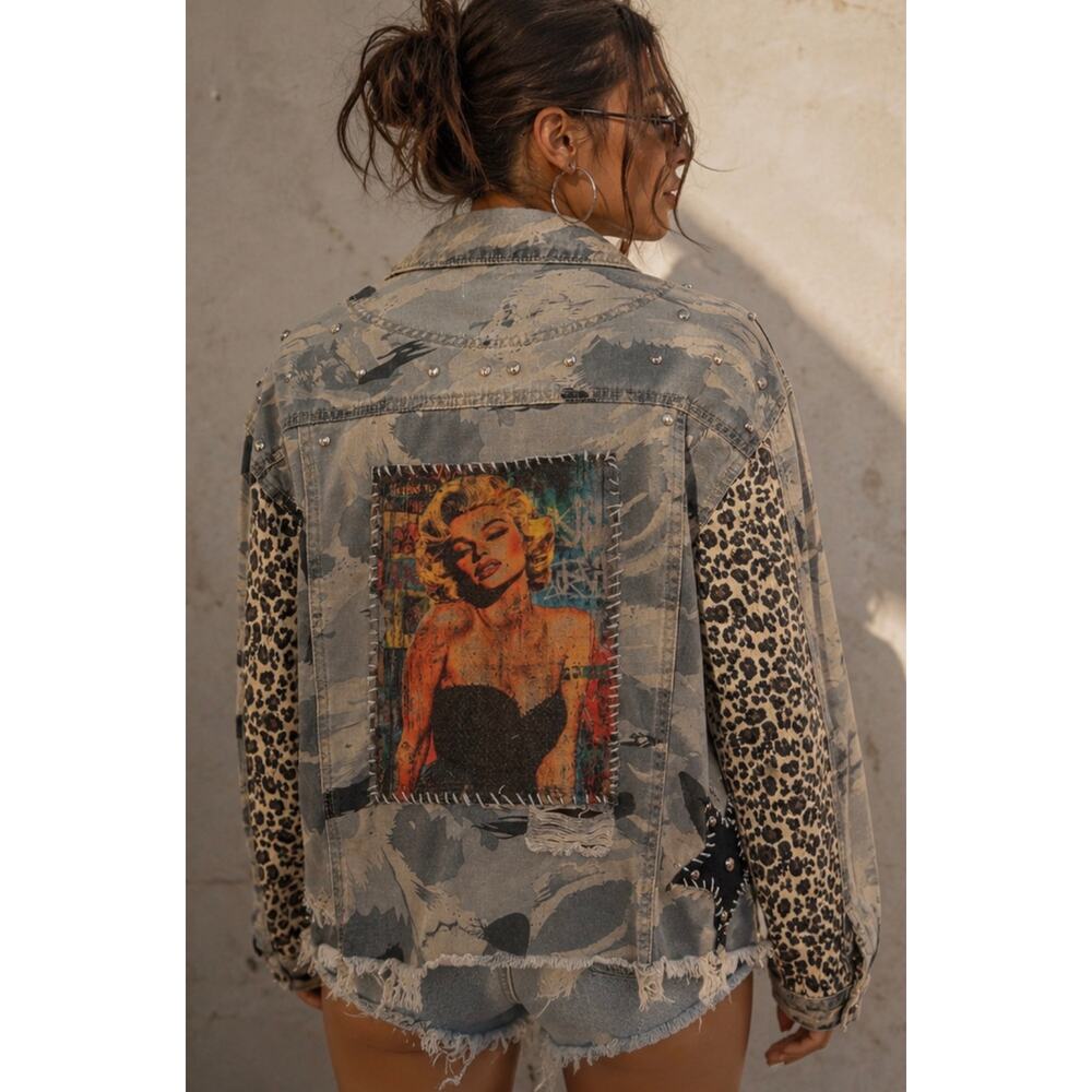 Upcycled Camo Leopard Denim Jacket Marilyn Monroe Studded Distressed Boxy Small